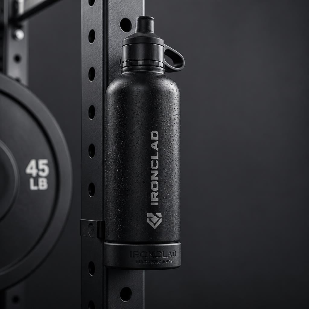 MagFlask magnetic water bottle mounted on a gym rack
